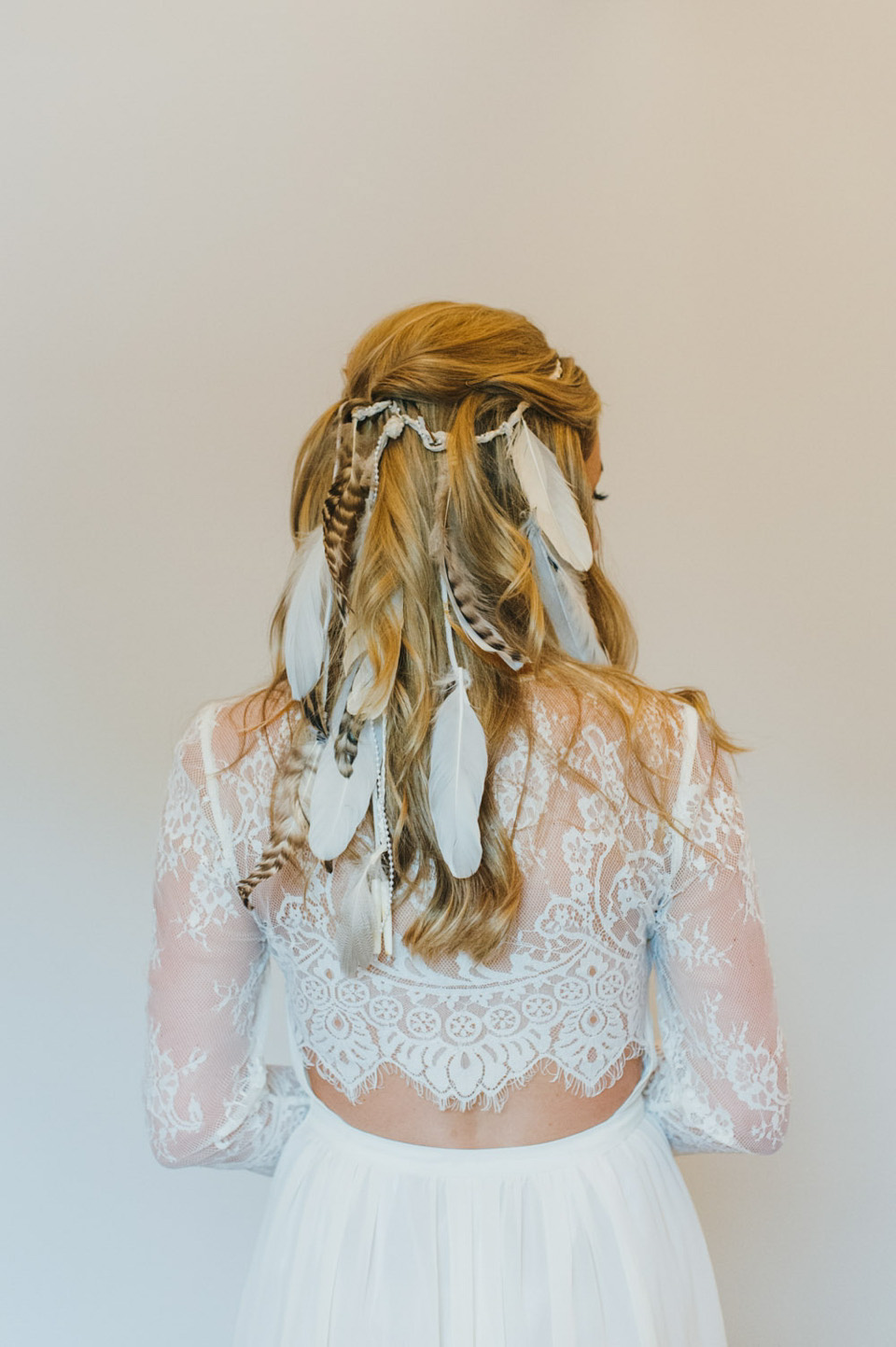 babb photo, feathers in her hair, boho bride, bohemian wedding