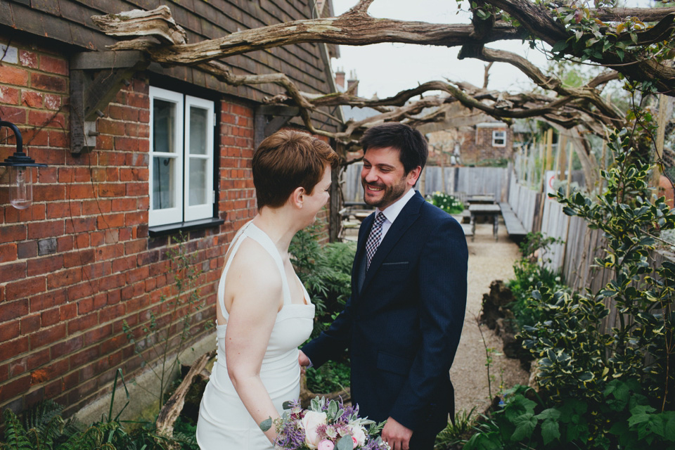 dale weeks photography, first look, london pub wedding, nicole miller wedding dress