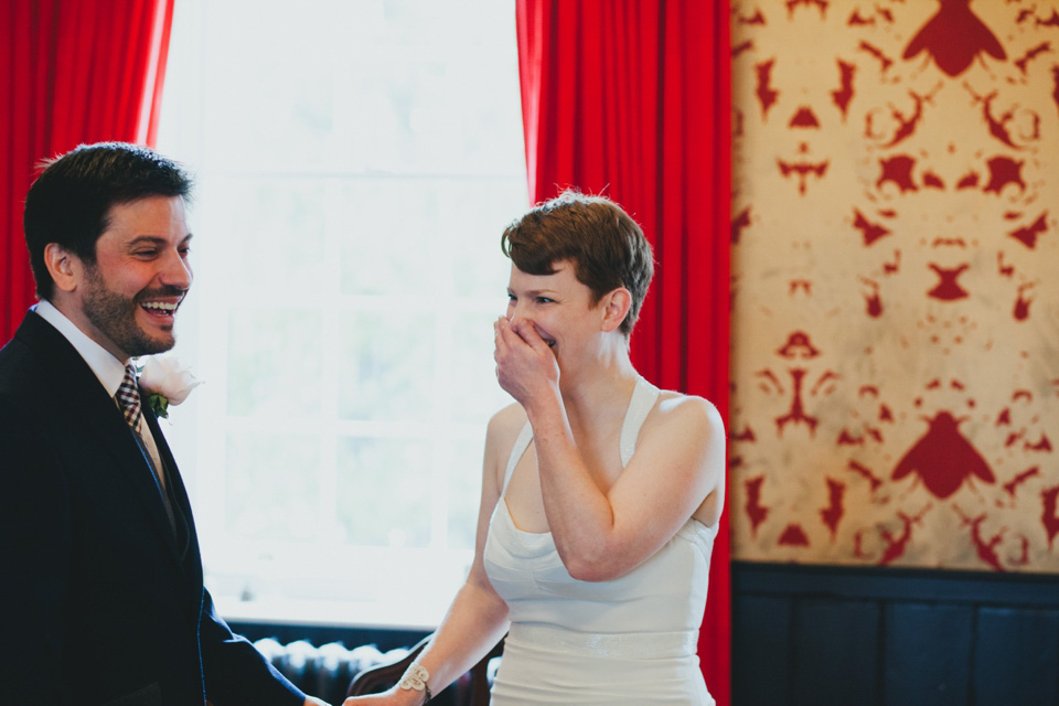 dale weeks photography, first look, london pub wedding, nicole miller wedding dress