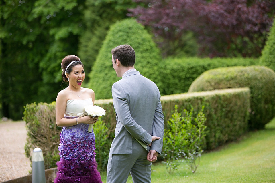 White and Purple Sweetheart Lace Wedding Dress, Ombre Wedding Dresses with Flowers