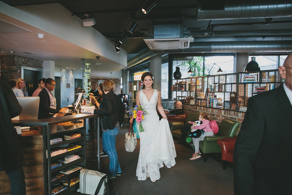 Bride Alex wears Lusan Mandongus for her London wedding held at the Village Underground in Shoreditch. Photography by McKInley Rodgers. village underground, shoreditch, lusan mandongus, mckinley rodgers
