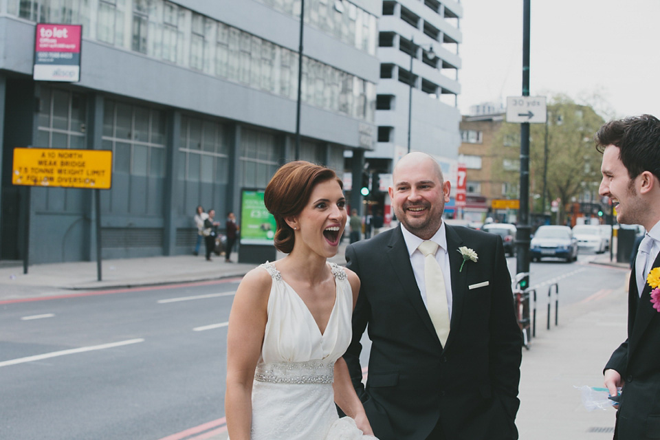 Bride Alex wears Lusan Mandongus for her London wedding held at the Village Underground in Shoreditch. Photography by McKInley Rodgers. village underground, shoreditch, lusan mandongus, mckinley rodgers