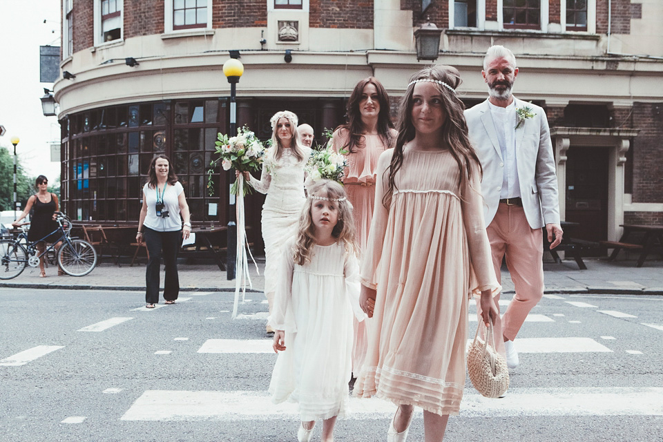 rue de seine, 70s wedding, boho bride, bohemian wedding, london pub wedding, philippa james photography, minna veil