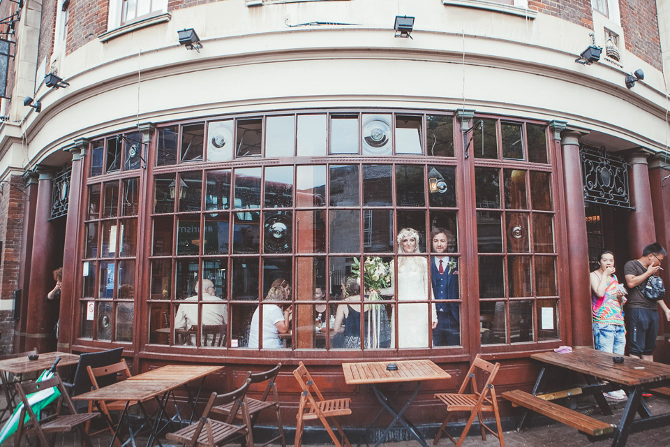 rue de seine, 70s wedding, boho bride, bohemian wedding, london pub wedding, philippa james photography, minna veil