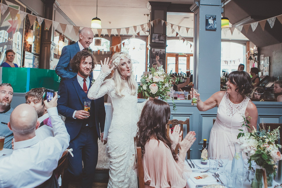 rue de seine, 70s wedding, boho bride, bohemian wedding, london pub wedding, philippa james photography, minna veil