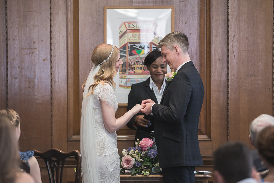 eliza jane howell, london town hall weddings, emmie scott photography, beaded wedding dress, 1930s style wedding