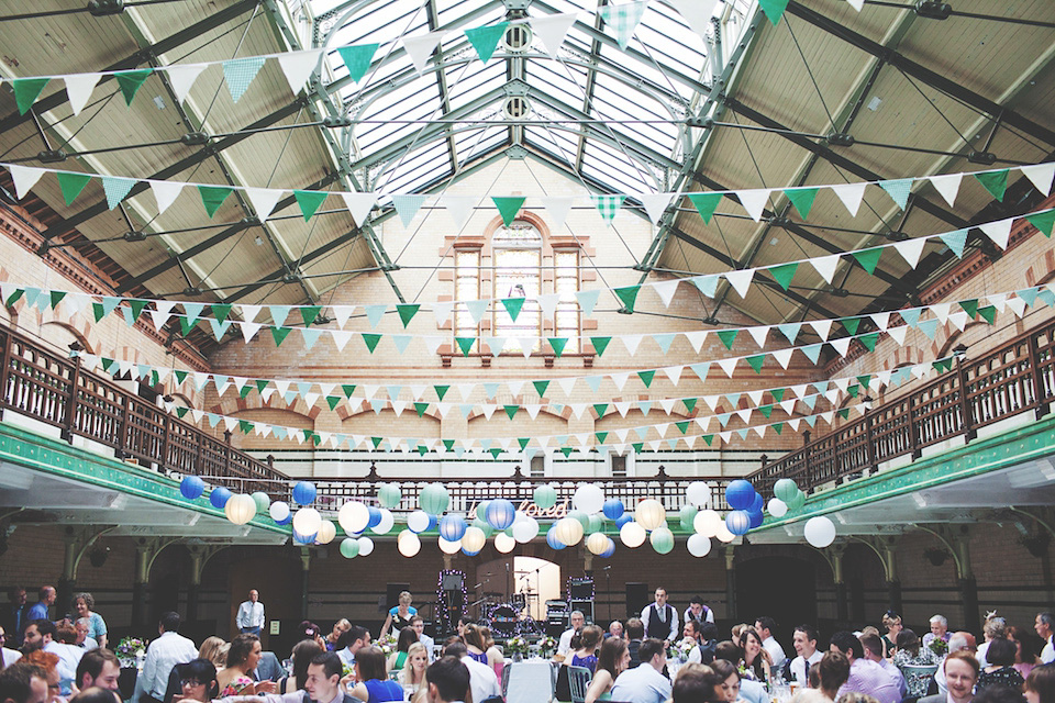 victoria baths manchester, paper lanterns, manchester weddings, heart on fire photography, mori lee