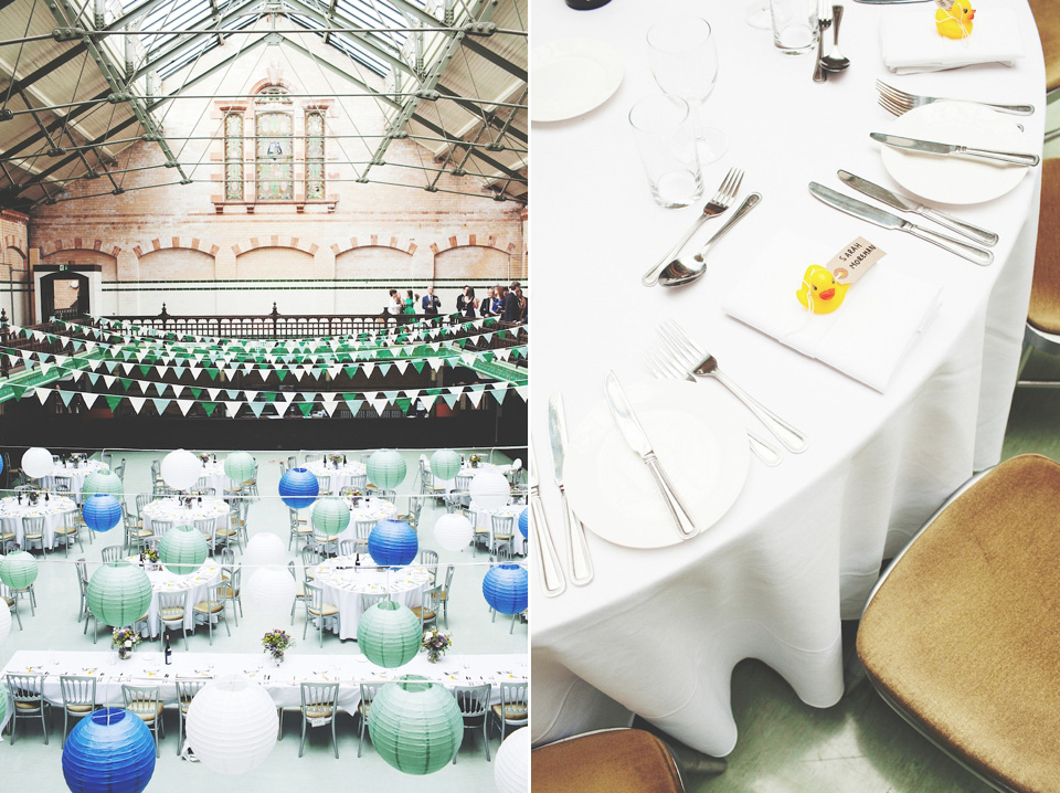 victoria baths manchester, paper lanterns, manchester weddings, heart on fire photography, mori lee