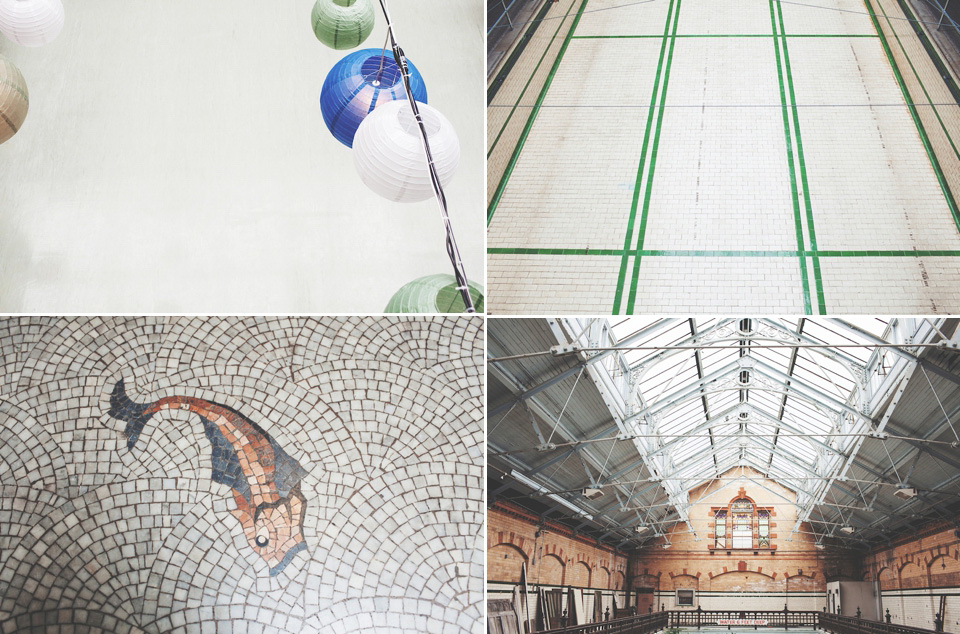 victoria baths manchester, paper lanterns, manchester weddings, heart on fire photography, mori lee