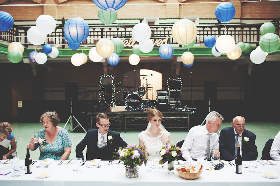 victoria baths manchester, paper lanterns, manchester weddings, heart on fire photography, mori lee