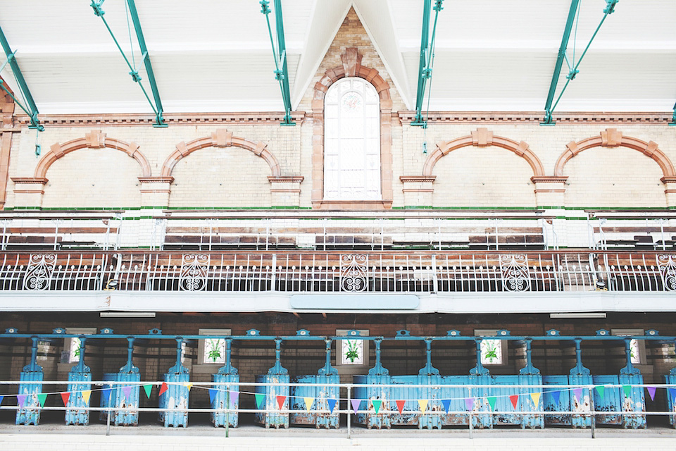 victoria baths manchester, paper lanterns, manchester weddings, heart on fire photography, mori lee