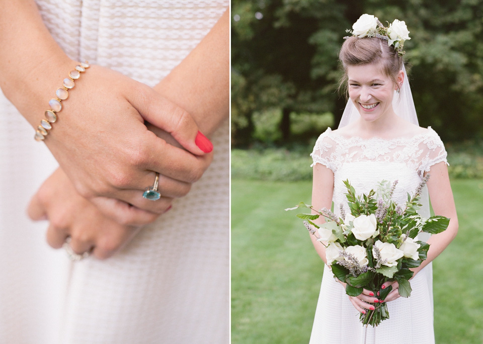 A bride wearing fresh flowers in her hair for her colourful English country garden wedding. Dress by Eponine London and photography by Rosie Anderson. eponine london, colourful wedding, english country garden wedding, rosemary anderson photography, flowers in her hair