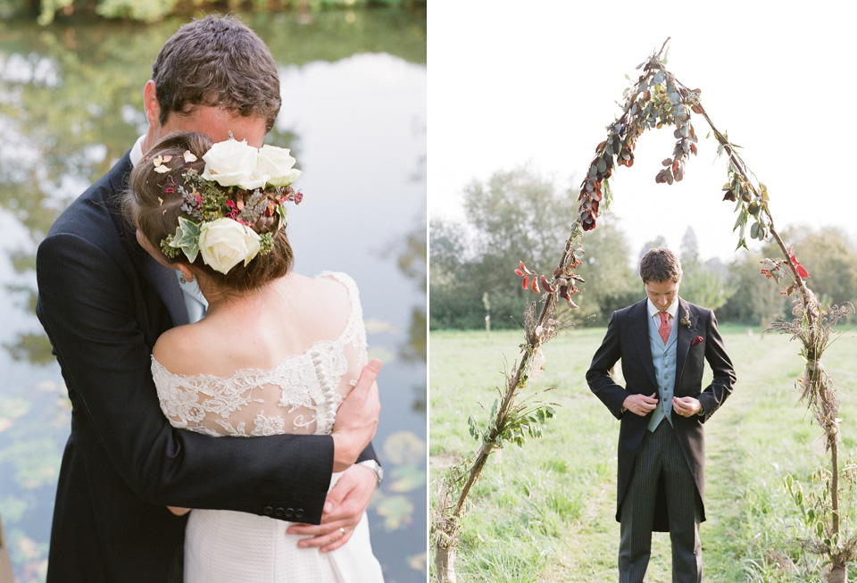 A bride wearing fresh flowers in her hair for her colourful English country garden wedding. Dress by Eponine London and photography by Rosie Anderson. eponine london, colourful wedding, english country garden wedding, rosemary anderson photography, flowers in her hair