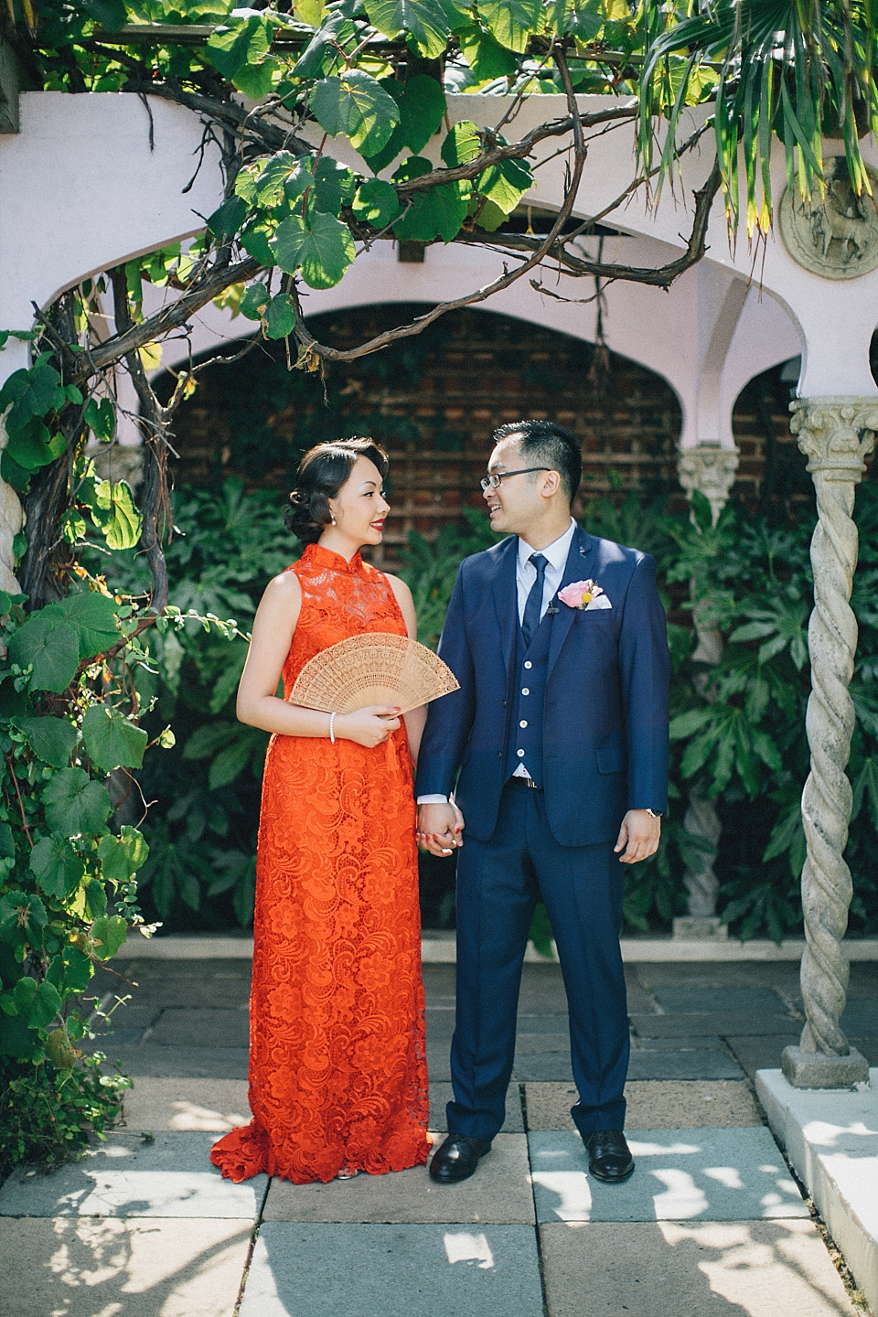 chinese bride, red wedding dress, kensington rooftop gardens, nicholas lau photography