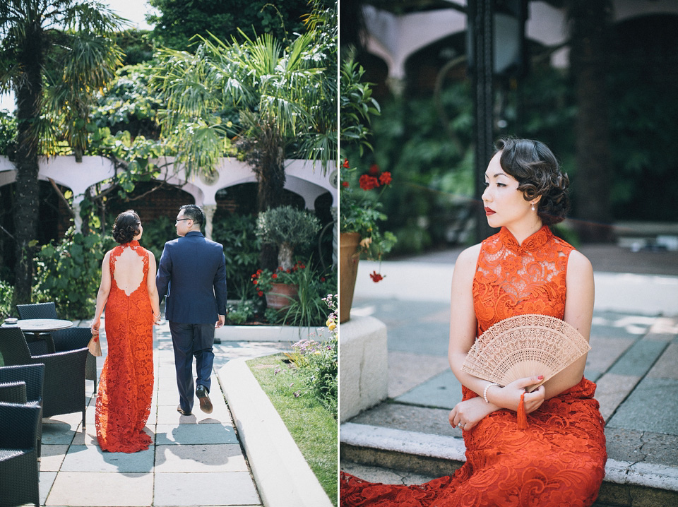 chinese bride, red wedding dress, kensington rooftop gardens, nicholas lau photography