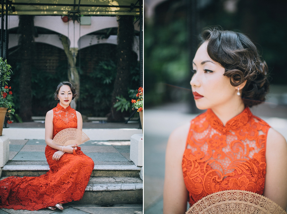 chinese bride, red wedding dress, kensington rooftop gardens, nicholas lau photography