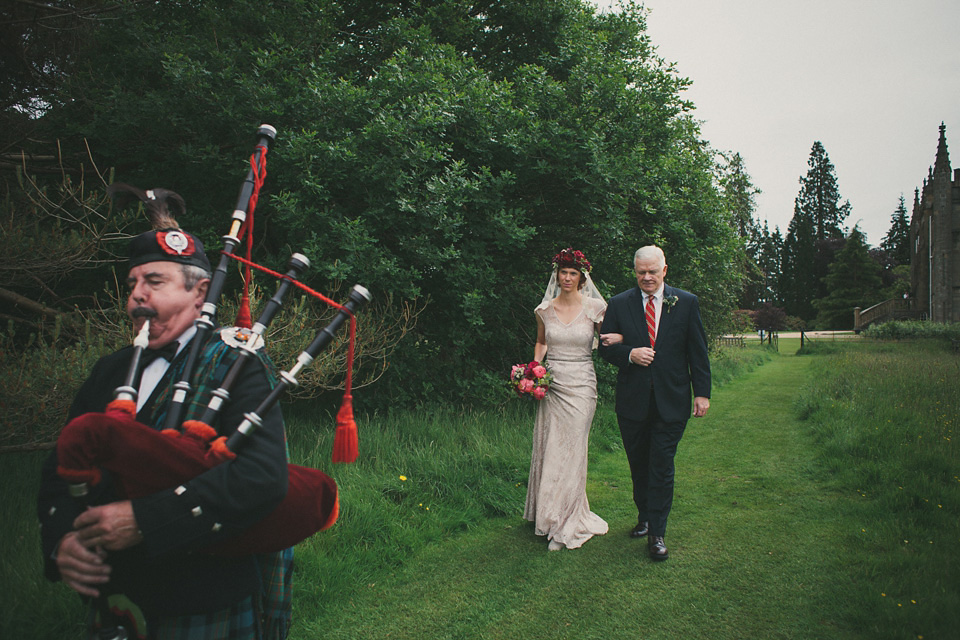 loch lomond weddings, gold wedding dress, floral crown, maureen du preez photography