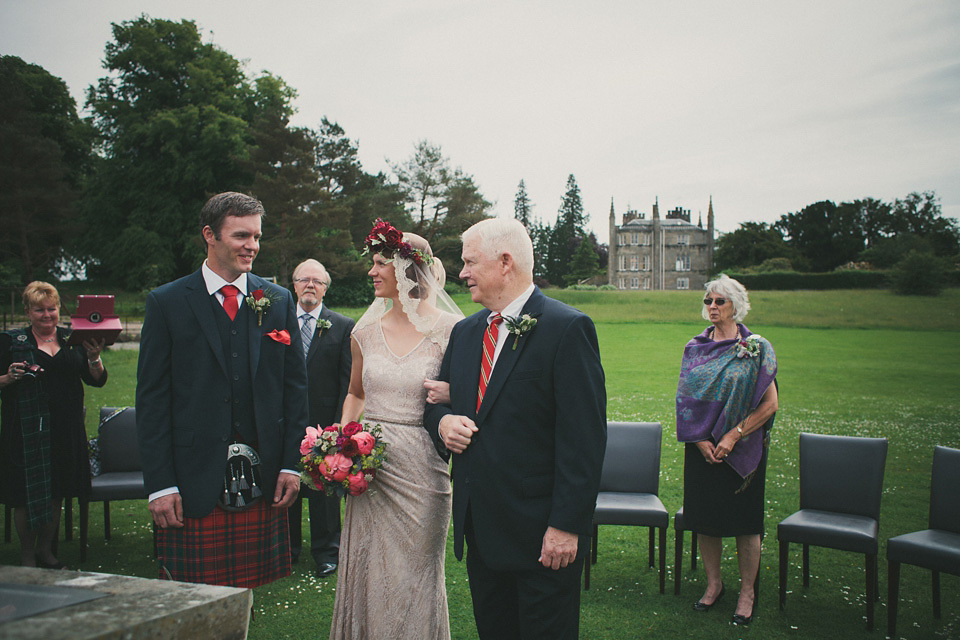 loch lomond weddings, gold wedding dress, floral crown, maureen du preez photography