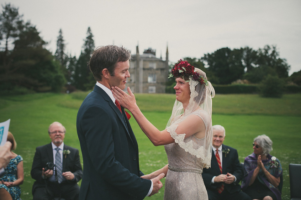 loch lomond weddings, gold wedding dress, floral crown, maureen du preez photography