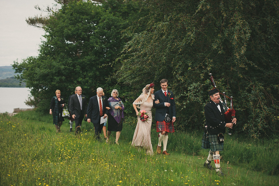 loch lomond weddings, gold wedding dress, floral crown, maureen du preez photography