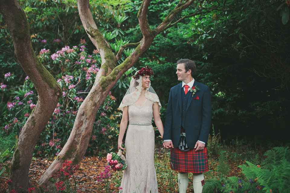 loch lomond weddings, gold wedding dress, floral crown, maureen du preez photography