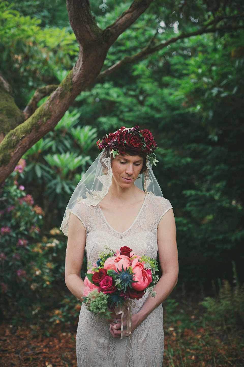 loch lomond weddings, gold wedding dress, floral crown, maureen du preez photography