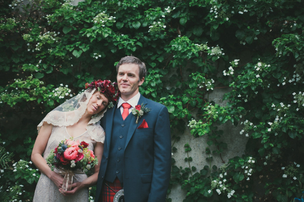 A Rose Gold Dress Wedding Dress and Colourful Floral Crown for a Humanist Elopement in Scotland