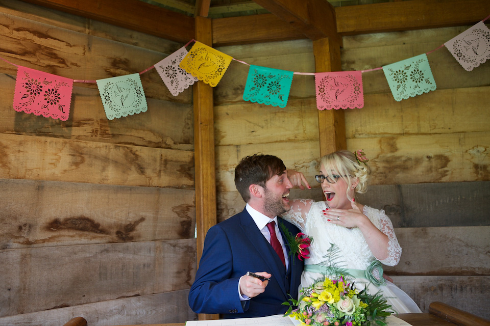 south farm wedding, joanne fleming design, 1950s petticoat, colourful wedding