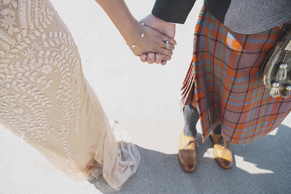 A bride wearing a beautifully embellished Eliza Jane Howell wedding dress for her seaside Scottish humanist wedding ceremony. Images by Mirrorbox Photography. mirrorbox photography, humanist ceremony, beach wedding, seaside wedding, eliza jane howell wedding dress