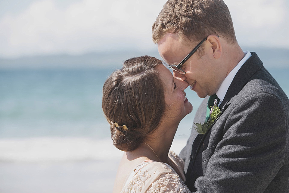 A bride wearing a beautifully embellished Eliza Jane Howell wedding dress for her seaside Scottish humanist wedding ceremony. Images by Mirrorbox Photography. mirrorbox photography, humanist ceremony, beach wedding, seaside wedding, eliza jane howell wedding dress