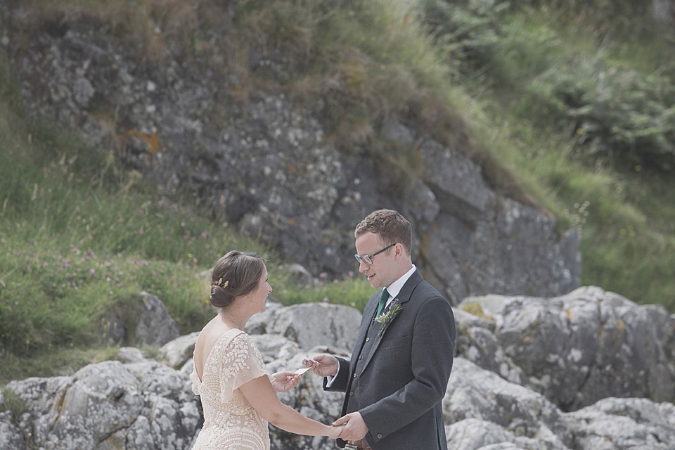 A bride wearing a beautifully embellished Eliza Jane Howell wedding dress for her seaside Scottish humanist wedding ceremony. Images by Mirrorbox Photography. mirrorbox photography, humanist ceremony, beach wedding, seaside wedding, eliza jane howell wedding dress