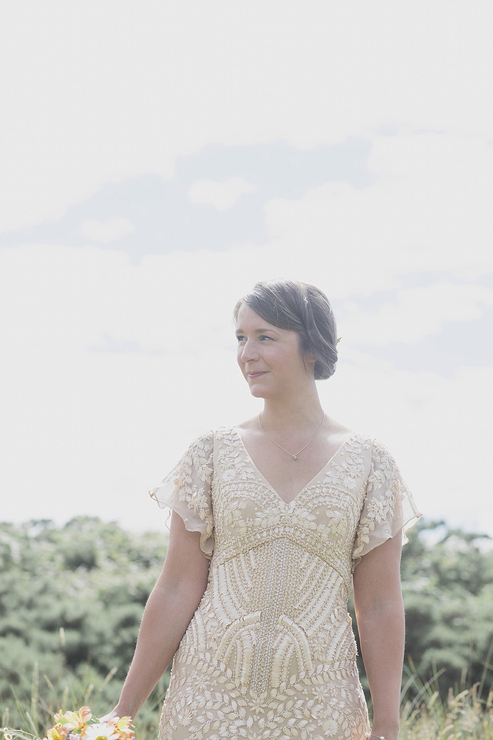 A bride wearing a beautifully embellished Eliza Jane Howell wedding dress for her seaside Scottish humanist wedding ceremony. Images by Mirrorbox Photography. mirrorbox photography, humanist ceremony, beach wedding, seaside wedding, eliza jane howell wedding dress
