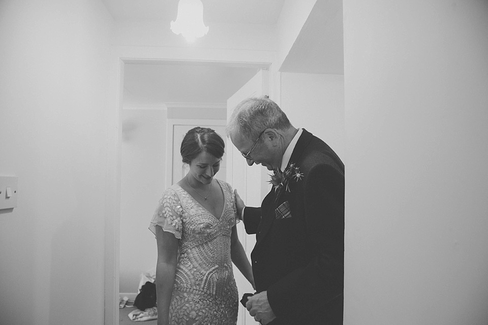 A bride wearing a beautifully embellished Eliza Jane Howell wedding dress for her seaside Scottish humanist wedding ceremony. Images by Mirrorbox Photography. mirrorbox photography, humanist ceremony, beach wedding, seaside wedding, eliza jane howell wedding dress
