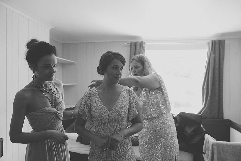 A bride wearing a beautifully embellished Eliza Jane Howell wedding dress for her seaside Scottish humanist wedding ceremony. Images by Mirrorbox Photography. mirrorbox photography, humanist ceremony, beach wedding, seaside wedding, eliza jane howell wedding dress