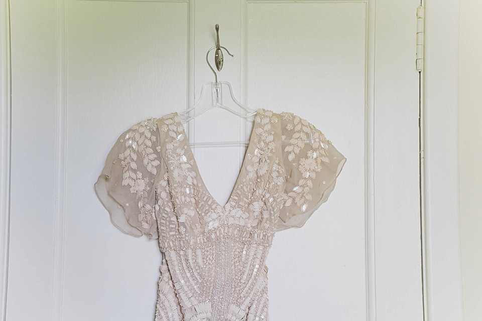 A bride wearing a beautifully embellished Eliza Jane Howell wedding dress for her seaside Scottish humanist wedding ceremony. Images by Mirrorbox Photography. mirrorbox photography, humanist ceremony, beach wedding, seaside wedding, eliza jane howell wedding dress