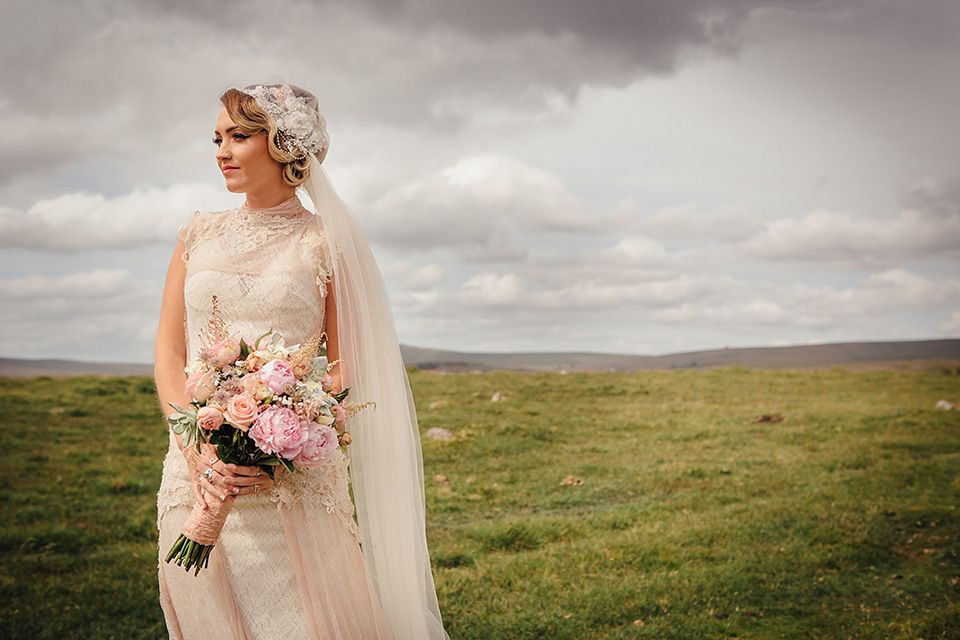 A YolanCris Gown and Skull Cap Veil for 