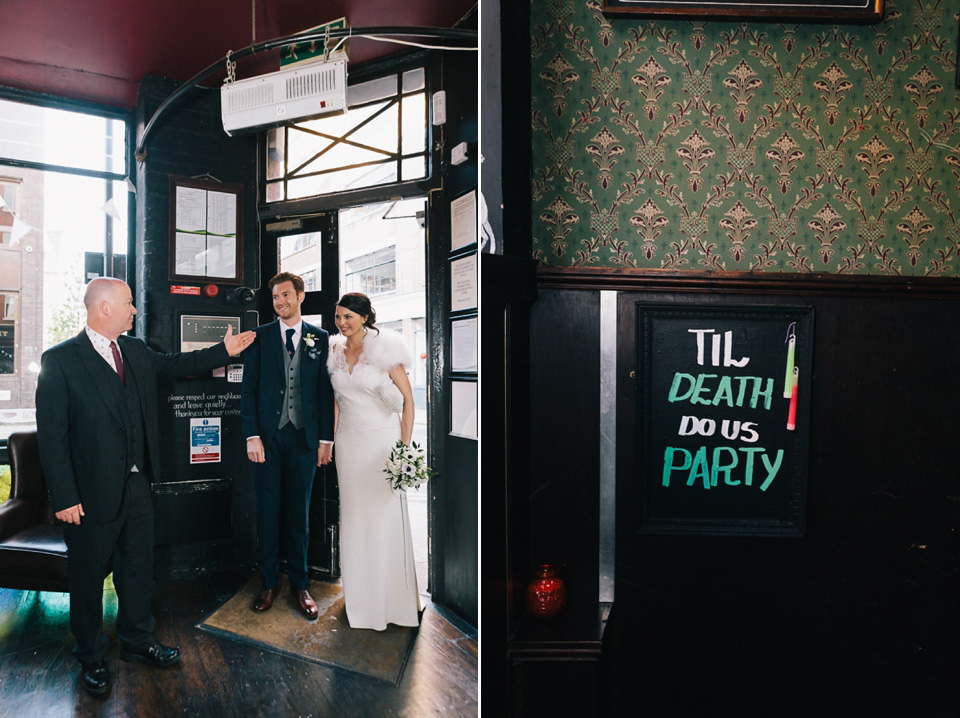 badgley mischka, bridesmaids in black, london pub wedding, brighton photo