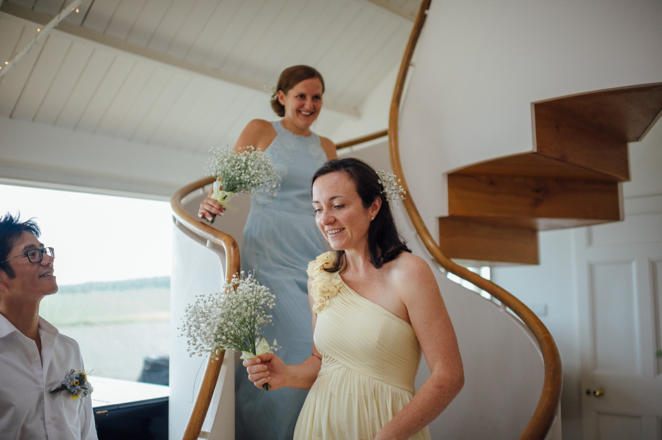 A bride wearing a two-piece wedding dress by Susie Stone of London for her wedding at Crear in Scotland. Photography by Lisa Devine. susie stone wedding dress, 2 piece wedding dress, two piece wedding dress, wedding dress separates, crear, scottish weddings, lisa devine photography