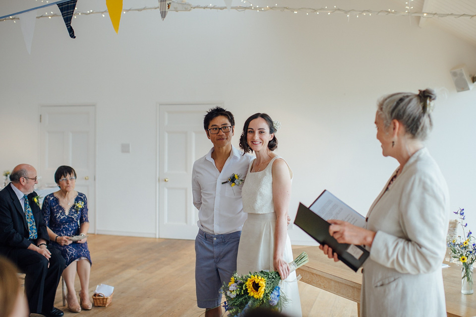 A bride wearing a two-piece wedding dress by Susie Stone of London for her wedding at Crear in Scotland. Photography by Lisa Devine. susie stone wedding dress, 2 piece wedding dress, two piece wedding dress, wedding dress separates, crear, scottish weddings, lisa devine photography