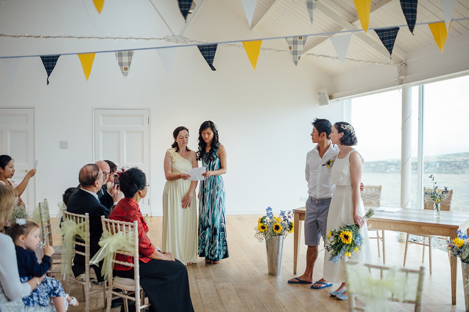 A bride wearing a two-piece wedding dress by Susie Stone of London for her wedding at Crear in Scotland. Photography by Lisa Devine. susie stone wedding dress, 2 piece wedding dress, two piece wedding dress, wedding dress separates, crear, scottish weddings, lisa devine photography