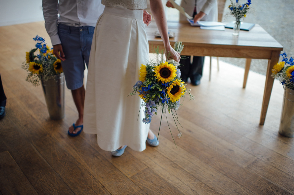 A bride wearing a two-piece wedding dress by Susie Stone of London for her wedding at Crear in Scotland. Photography by Lisa Devine. susie stone wedding dress, 2 piece wedding dress, two piece wedding dress, wedding dress separates, crear, scottish weddings, lisa devine photography