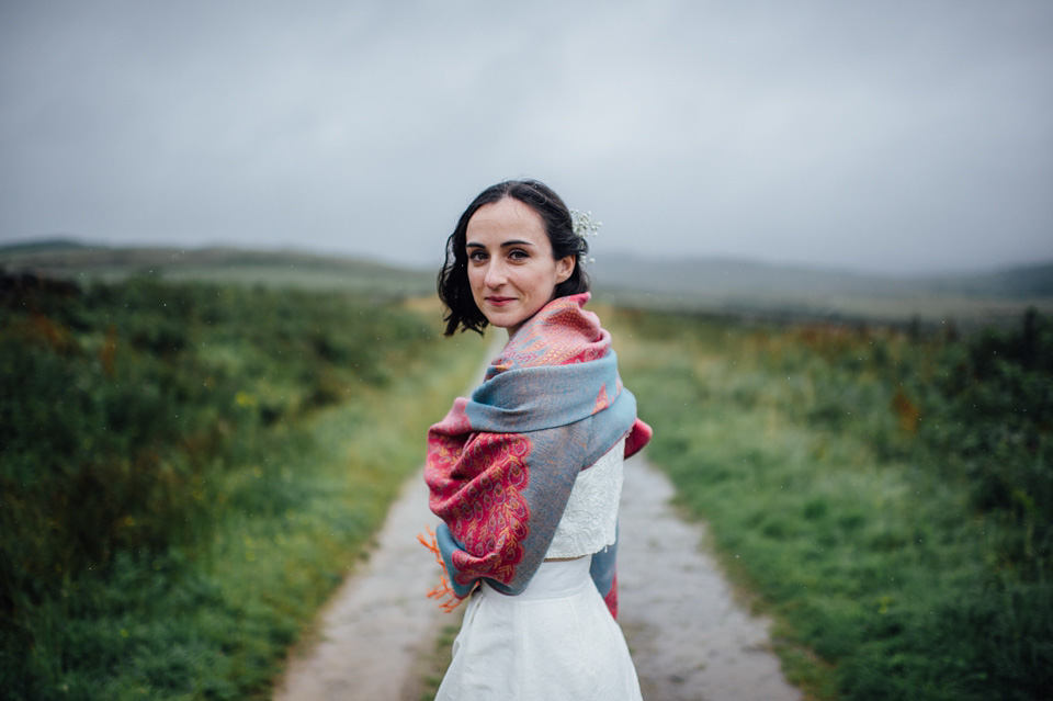 A bride wearing a two-piece wedding dress by Susie Stone of London for her wedding at Crear in Scotland. Photography by Lisa Devine. susie stone wedding dress, 2 piece wedding dress, two piece wedding dress, wedding dress separates, crear, scottish weddings, lisa devine photography