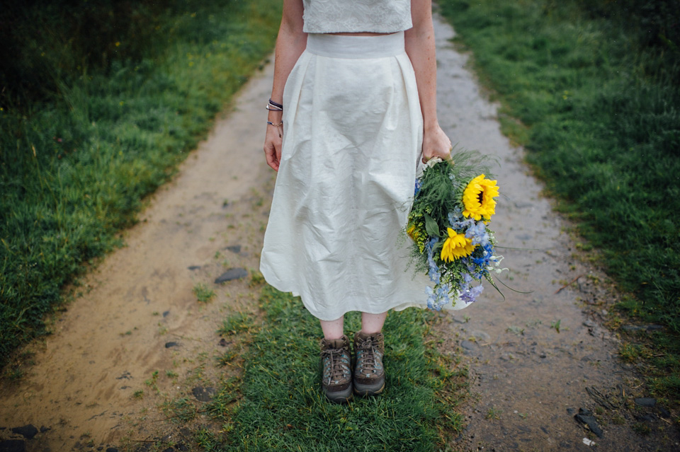 A bride wearing a two-piece wedding dress by Susie Stone of London for her wedding at Crear in Scotland. Photography by Lisa Devine. susie stone wedding dress, 2 piece wedding dress, two piece wedding dress, wedding dress separates, crear, scottish weddings, lisa devine photography