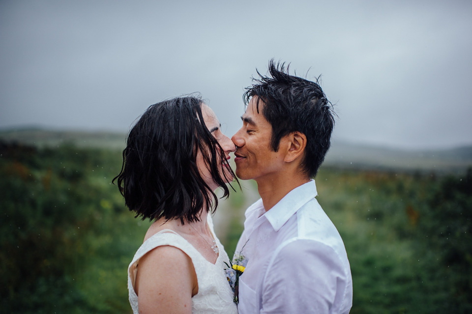 A bride wearing a two-piece wedding dress by Susie Stone of London for her wedding at Crear in Scotland. Photography by Lisa Devine. susie stone wedding dress, 2 piece wedding dress, two piece wedding dress, wedding dress separates, crear, scottish weddings, lisa devine photography