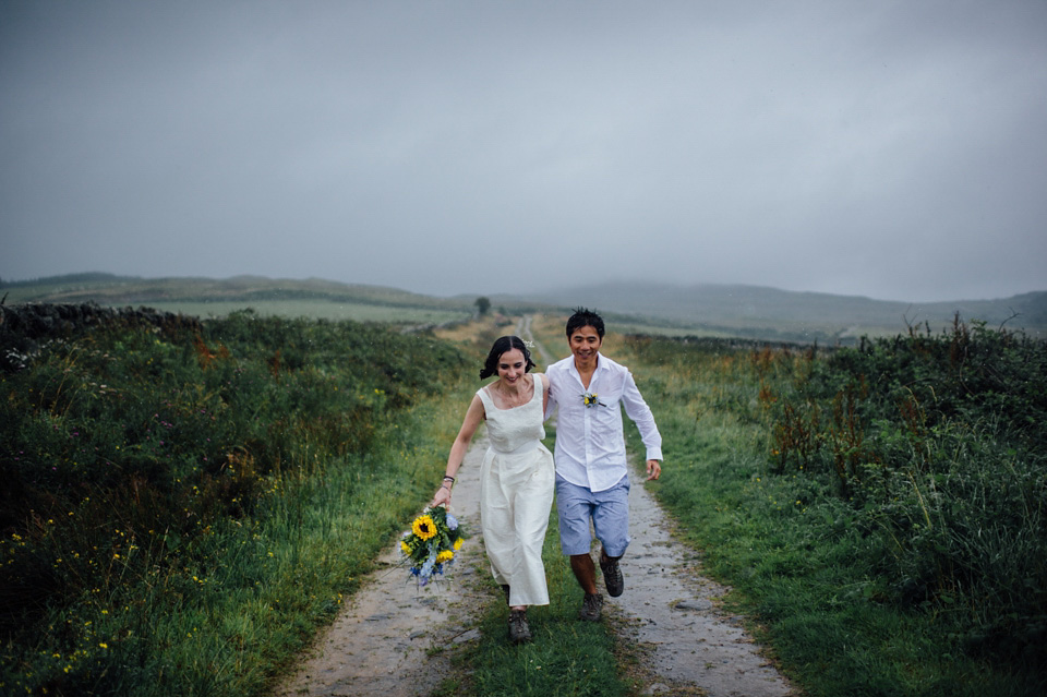 A bride wearing a two-piece wedding dress by Susie Stone of London for her wedding at Crear in Scotland. Photography by Lisa Devine. susie stone wedding dress, 2 piece wedding dress, two piece wedding dress, wedding dress separates, crear, scottish weddings, lisa devine photography