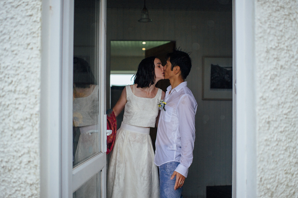 A bride wearing a two-piece wedding dress by Susie Stone of London for her wedding at Crear in Scotland. Photography by Lisa Devine. susie stone wedding dress, 2 piece wedding dress, two piece wedding dress, wedding dress separates, crear, scottish weddings, lisa devine photography