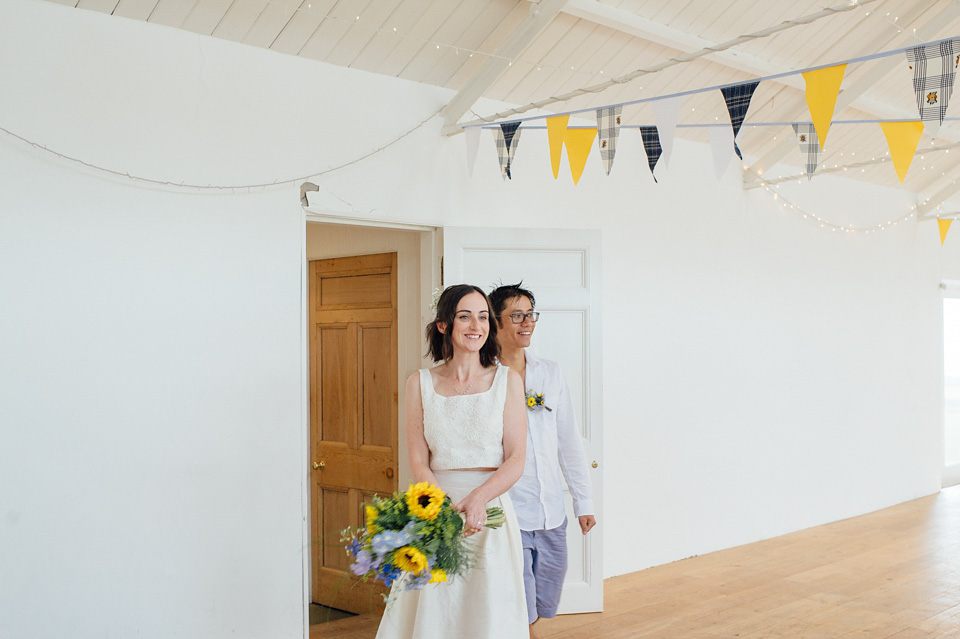 A bride wearing a two-piece wedding dress by Susie Stone of London for her wedding at Crear in Scotland. Photography by Lisa Devine. susie stone wedding dress, 2 piece wedding dress, two piece wedding dress, wedding dress separates, crear, scottish weddings, lisa devine photography