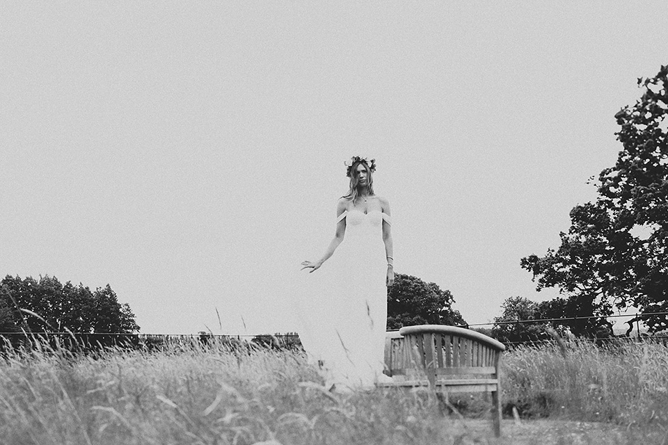 A beautiful bride wearing a Tatyana Merenyuk wedding dress and self-made floral crown for her Tipi wedding at Hill Place in Swansea. Photography by Marshal Gray. Tatyana Merenyuk, tipi wedding, hill place weddings, boho bride, marshal gray
