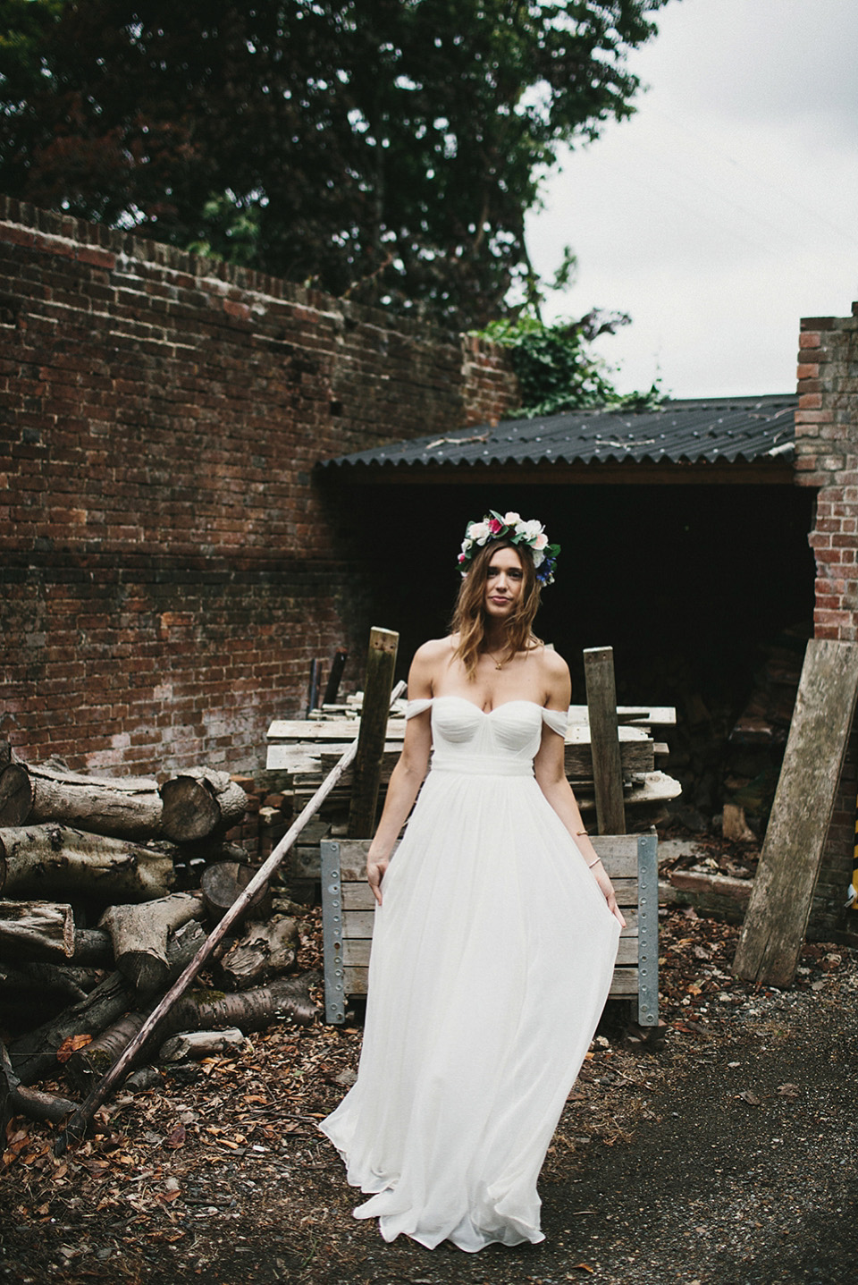 A beautiful bride wearing a Tatyana Merenyuk wedding dress and self-made floral crown for her Tipi wedding at Hill Place in Swansea. Photography by Marshal Gray. Tatyana Merenyuk, tipi wedding, hill place weddings, boho bride, marshal gray