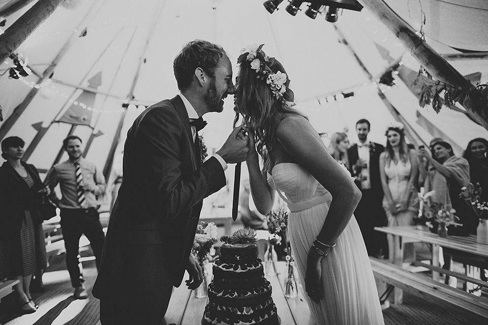 A beautiful bride wearing a Tatyana Merenyuk wedding dress and self-made floral crown for her Tipi wedding at Hill Place in Swansea. Photography by Marshal Gray. Tatyana Merenyuk, tipi wedding, hill place weddings, boho bride, marshal gray